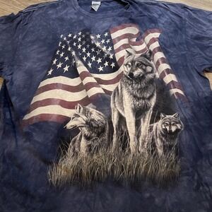 American Flag Wolf Graphic Tie Dye T-Shirt Blue Mens 2XL